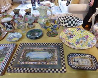 Collection of MacKenzie-Childs serving pieces, glassware & placemats