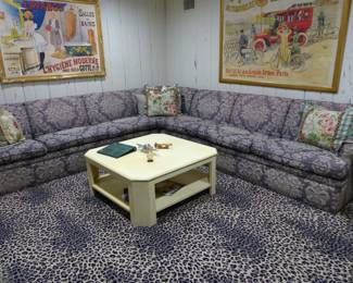 Sectional sofa, accent pillows, vintage coffee table