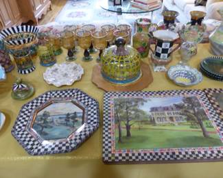 Collection of MacKenzie-Childs serving pieces, glassware & placemats