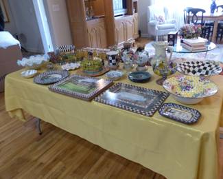 Collection of MacKenzie-Childs serving pieces, glassware & placemats