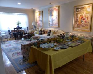 Lovely furniture, needlepoint area rug, bric-a-brac, antique framed French posters