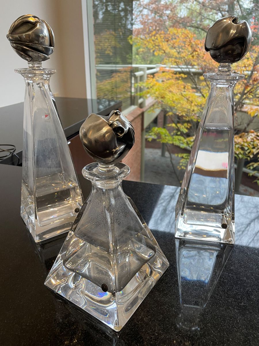 Glass decanters by Studio Ottaviani - Italian silver stoppers - set of 3 (18" and smaller)