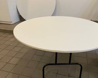 pair of folding round tables - 72" round - white laminate top with black metal base