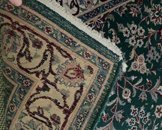 Back view of the Mahal style area wool rug - hand-made with hand-tied fringe with all over foliate designs with multiple boarders (12'6" x 8' 11") - excellent condition