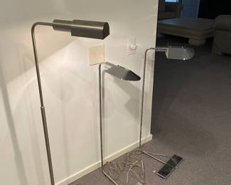 Cedric Hoffman floor lamps: 2 chrome - matched set - switch needs repair; shown with 1 brushed stainless steel (non-Cedric Hoffman) lamp