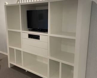 Wall bookcase / entertainment center with 2 pop-out drawers - white - custom