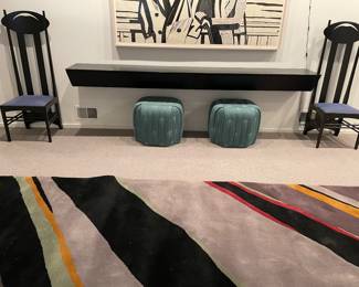 Cassina Italian - after Rennie Mackintosh - tall black wood chairs with upholstered seats (pair); custom footstools (pair); and Mid-Mod wool area rug (11'3" x 6'6") with bound edges (underneath) - all in good to excellent condition