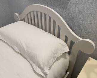 Another view of the headboard on the pair of Twin white painted beds - sleigh beds style - with mattress sets and linens (duvets, sheets, king pillows) - height of headboard 46"