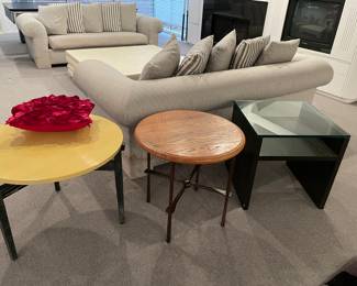 Frewil round side table with metal base (23.5" x 30") - excellent condition, Oak and iron round side table with x-form stretcher - (25" x 26"), and wood side table with 1" thick glass top - excellent condition