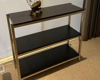 3-tier bookcase with wood and stainless legs - available - Cast bronze/aluminum art - SOLD shown with Bower Hatcher "Starman" - 1987 cast bronze and aluminum - numbered 5/5 (29")