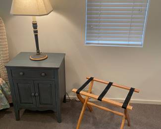 wood nightstand - painted - by Hickory Chair - excellent condition, black and cream shaded lamp, and luggage rack
