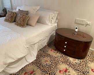 Art Deco nightstands - pair - Oval with 3 drawers and acrylic pulls - (20" x 36.25" x 22") - one is in good condition, the other has some damage on sides and top. King Linens: bedskirt, sheets, pillows, blankets and duvet cover. King mattress set - SOLD