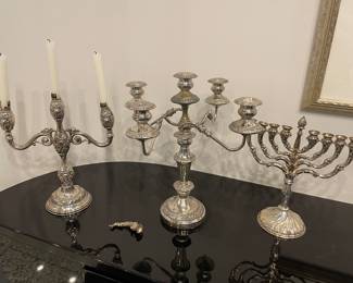Sterling silver Candelabrum and menorah, and silver-plated four arm candelabrum
