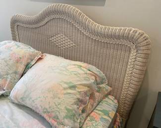 Queen white wicker headboard and queen mattress set with linens