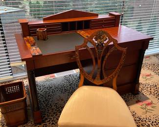 Desk - Biedermeier style - (38" x 54" x 27") - very good condition with 4 drawers and vanity hutch and shown with an Edwardian styled side chair with ivory silk upholstered seat (21" x 18" x 37") - excellent condition, also shown a leather and acrylic desk pad and desk accessories