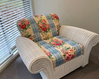 painted ivory wicker armchair with upholstered cushions - good condition