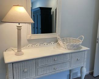 White wicker and wood painted sideboard by Lexington (60" x 17" x 37") - excellent condition - center drawer with felt lining, table lamp - ivory, and Painted wood framed beveled edge mirror by Lexington (28.25" x 43")