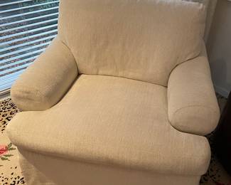 Swivel armchair - 2 available ( 29".5" x 36" x 34") with one ottoman for the pair of chairs by Menage - ivory with silver threading upholstery - in excellent condition