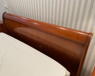 Another view of the Grange French Louis Philippe cherry wood Queen sleigh bed and queen bed linens (sheets, duvet, blanket and bedskirt)