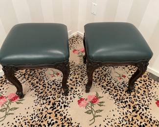 Pair of Vanity stools - Louis XV style - with green vinyl upholstery - good condition