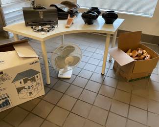Humidifier - like new - in box, portable oscillating fan, box of cedar shoe trees, tool box with tools, boot remover and black square ceramic vases - on top of corner laminate desk
