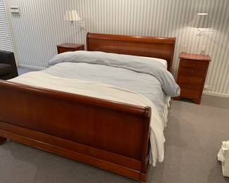 Grange French Louis Philippe cherry wood bedroom pieces: Queen sleigh bed and pair of nightstand chests with 5 drawers and queen bed linens (sheets, duvet, blanket and bedskirt)