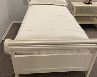 Another view of the Twin white painted beds - sleigh beds style - with mattress sets and linens (duvets, sheets, king pillows) - height of headboard 46"