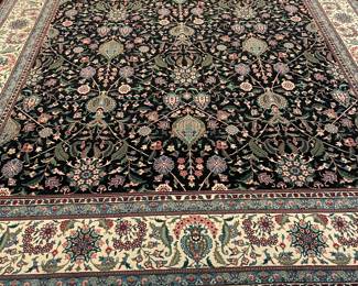 Mahal style area wool rug - hand-made with hand-tied fringe with all over foliate designs with multiple boarders (12'6" x 8' 11") -excellent condition
