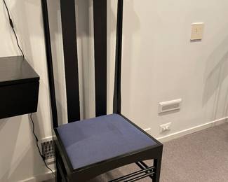 Another view of the Cassina Italian chairs - after Rennie Mackintosh - tall black wood chairs with upholstered seats (pair)