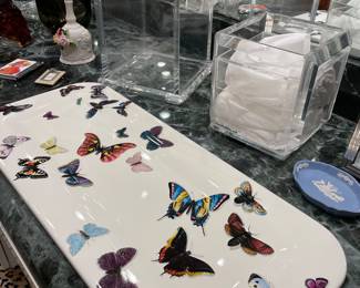 Acrylic bathroom accessories, butterfly platter, Wedgwood dish, and more