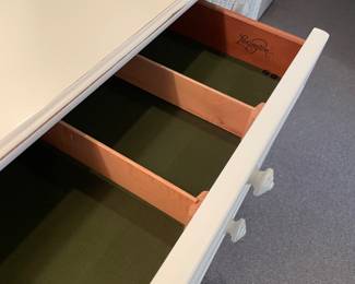 Center felt lined drawer of the painted sideboard (wood with woven details) by Lexington (60" x 17" x 37") - excellent condition