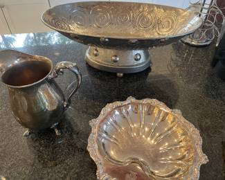 Silver-plated water pitcher, shrimp dish and fruit/decor bowl