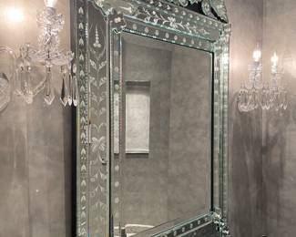 Venetian Glass mirror - 50" x 32.25" - Floral crest over retangular beveled plate