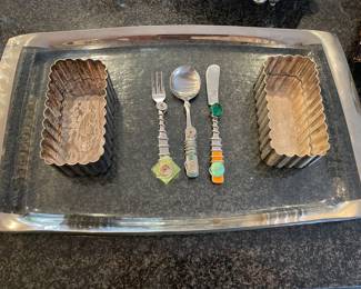 glass tray with silver trim, silver-plated appetizer/condiment packet holders, appetizer spreader set