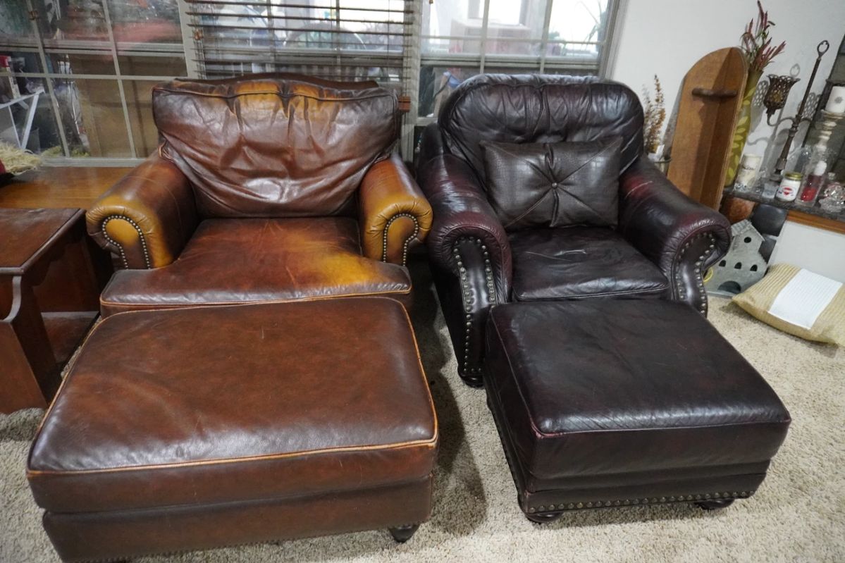 leather chairs and ottomans