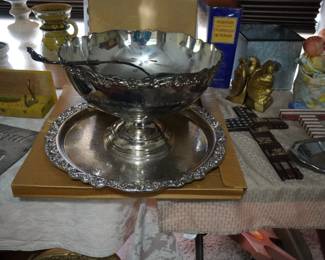 silverplate punch bowl and tray
