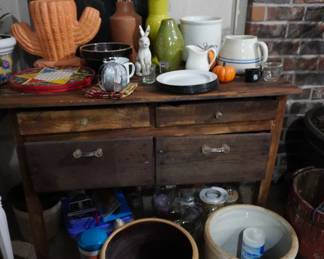 cabinet, crocks. decor