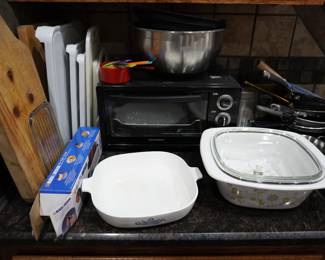 toaster oven, cutting boards, Corning Ware