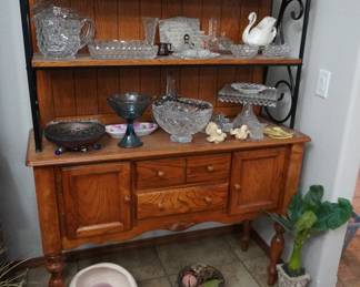 bakers rack, Fostoria, cut glass, carnival glass, decor