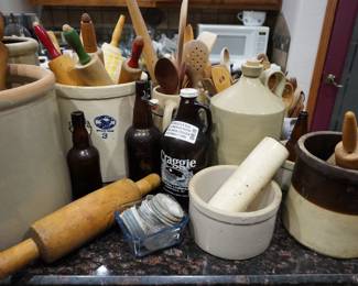 rolling pins, bottles, crocks