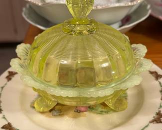 Vintage Northwood Vaseline Footed Butter Dish 