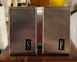 Vintage Mid Century Brushed Metal Salt and Pepper Shakers 