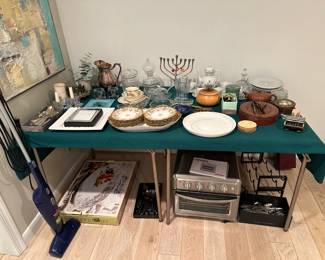 Flatware, Turkey Platter, Glassware, Cuisinart Air Fryer / Toaster Oven, Wine Racks