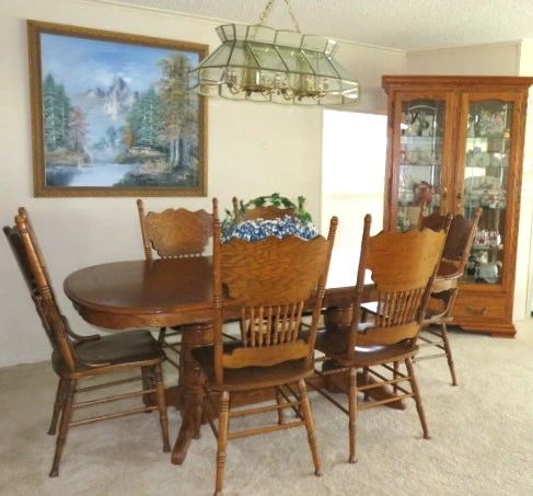 Amish Farmhouse Dining Table with 8 Chairs & 2 extension leaves, Matching China Hutch 