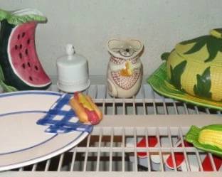 Ceramic Watermelon Slice Shape Pitcher, Large Oval Ceramic Picnic Hot Dog Platter, Vintage Ceramic Corn Tureen, Corn on The Cob Platter, Butter Dish & Salt & Pepper Shaker, Vintage Mouse Cheese Shaker