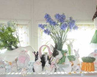 Dreamsicles “Mr. & Mrs. Bunny” Rabbit Figurine, Fitz & Floyd Pansy Parade Bunny Tea Pot, Cream & Sugar Bowl, Fitz & Floyd Candy Dish Easter Bunny Painting Large Egg  