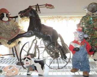  Vintage Hand Carved Horse Tricycle with real horse hair, Cow/Lamb Dolls, Figurines