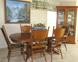 Amish Farmhouse Dining Table with 8 Chairs & 2 extension leaves, Matching China Hutch 