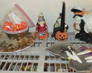Fitz & Floyd 1988 Halloween Large 2 Quart Witch Pitcher,  Halloween Witch Pumpkin Candle Holders, Halloween Canapé Knives & Bat Dish
