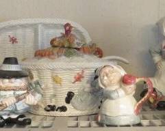 Vintage 1990's Fitz and Floyd Pilgrims Progress Pitcher, Serving Dish, Tureen, Casserole Dish, Cream & Sugar Bowl, Turkey Napkin Rings